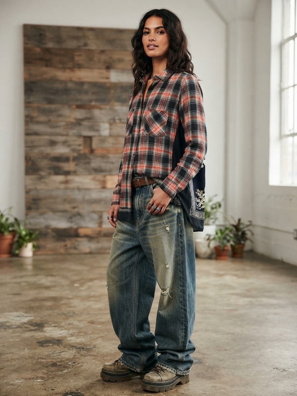 Free People Behind The Flannel Plaid & Floral Bandana Mixed Media Button Down